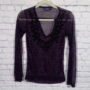 Mexx Womens VTG Sheer Floral Long Sleeve Top Purple Black Size S Whimsigoth